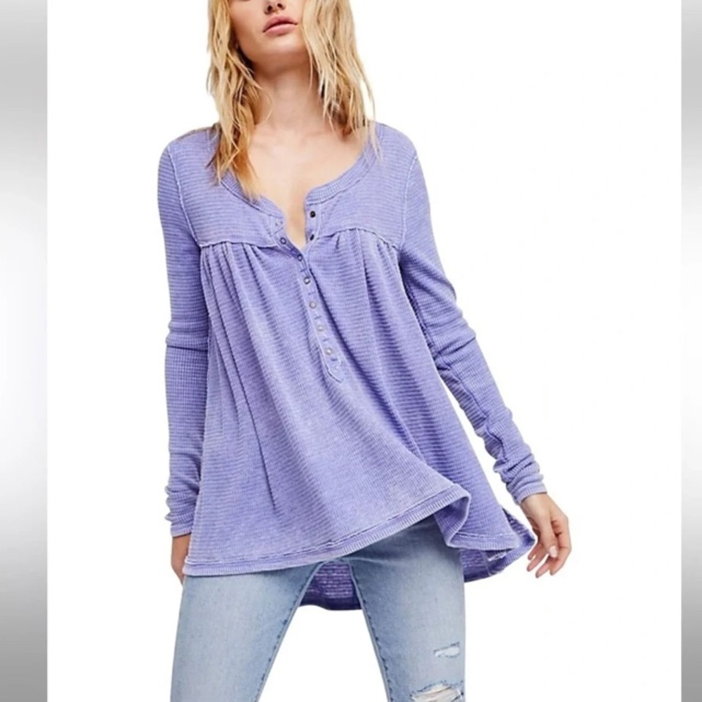 Free People We The Free Kia Waffle-Knit Babydoll Henley in Lilac